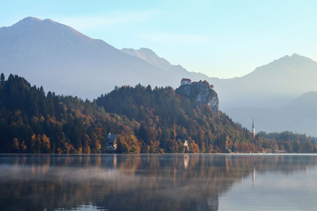 Bled Castle above Lake Bled in autumn. 