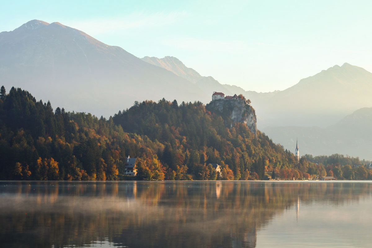 Bled Castle above Lake Bled in autumn.