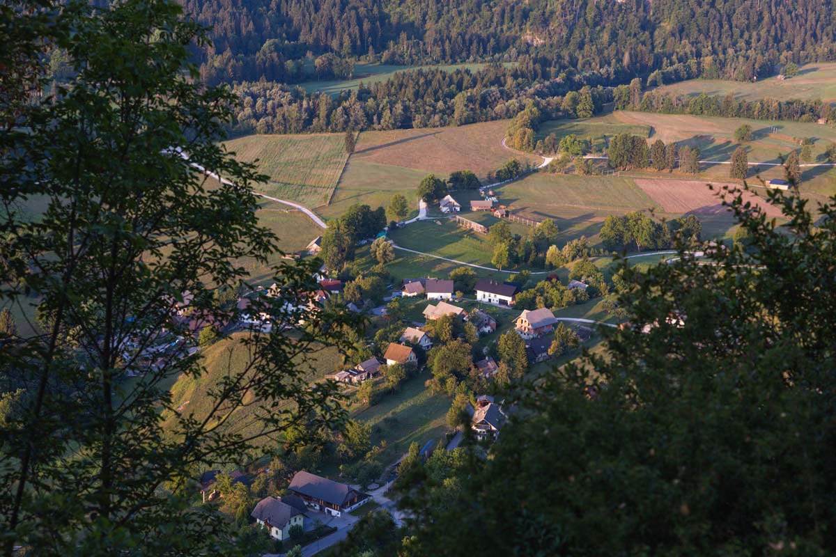 View from the top of Dobra Gora over the green countryside below.