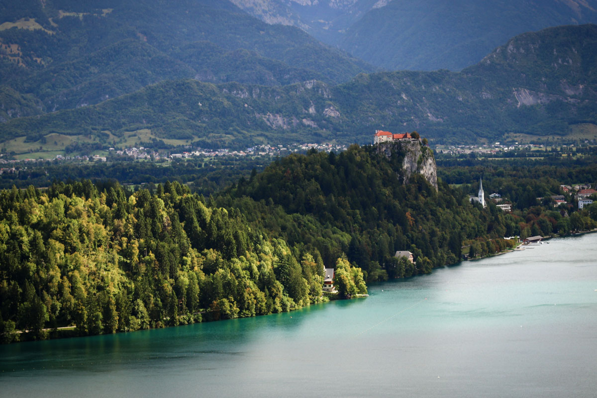 View of Bled Castle from the Mala Osojnica viewpoint above Lake Bled. 