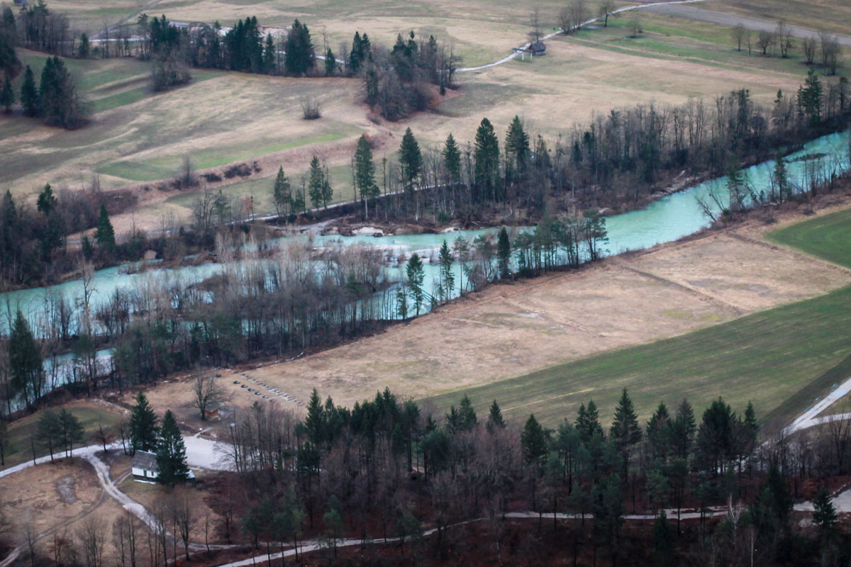 Sava Bohinjska River as seen from the Mala Osojnica viewpoint in spring. 
