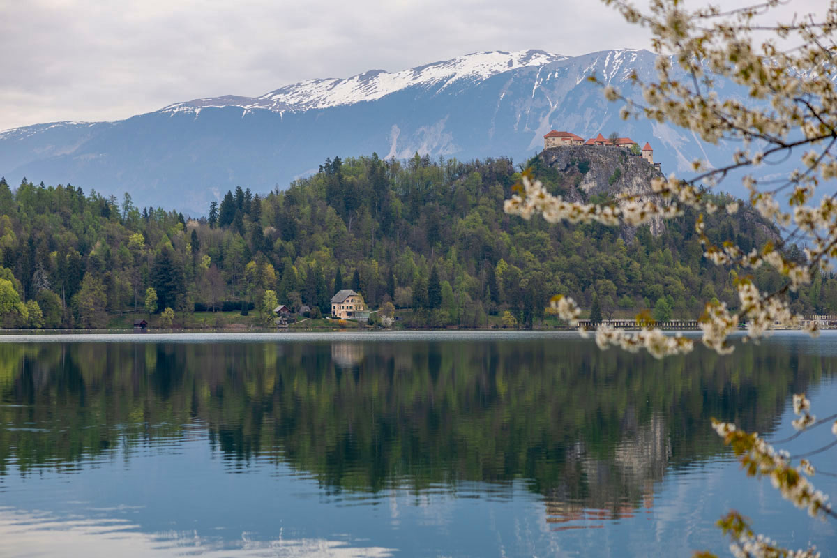 Trail around Lake Bled in Slovenia with the views towards Bled Castle. 