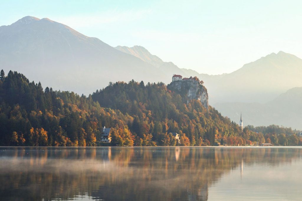 Lake Bled with Bled Castle in autumn