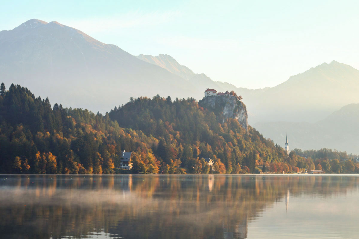 Lake Bled with Bled Castle in autumn