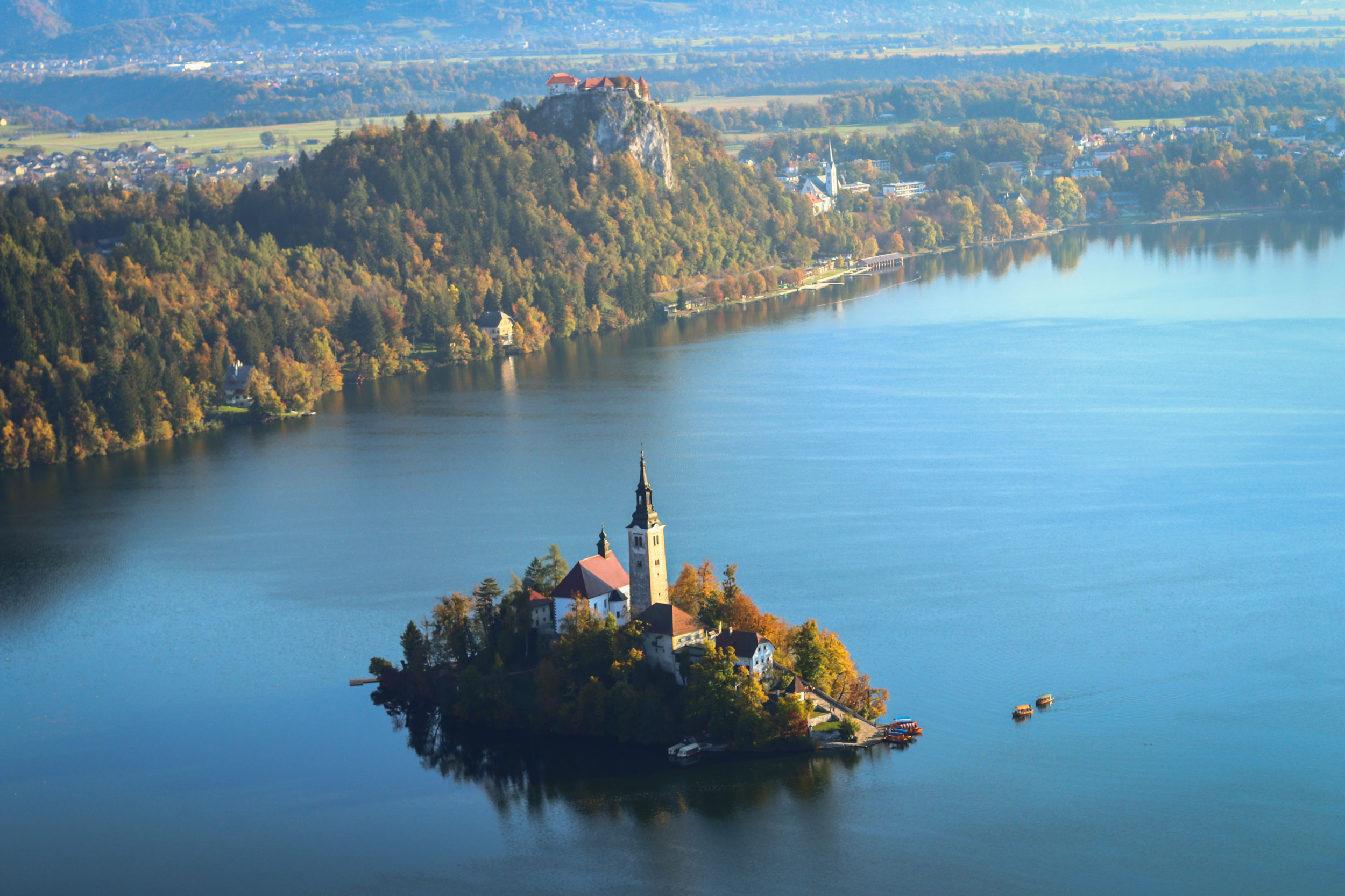 Lake Bled with Bled Island as seen from the hill of Ojstrica in autumn.
