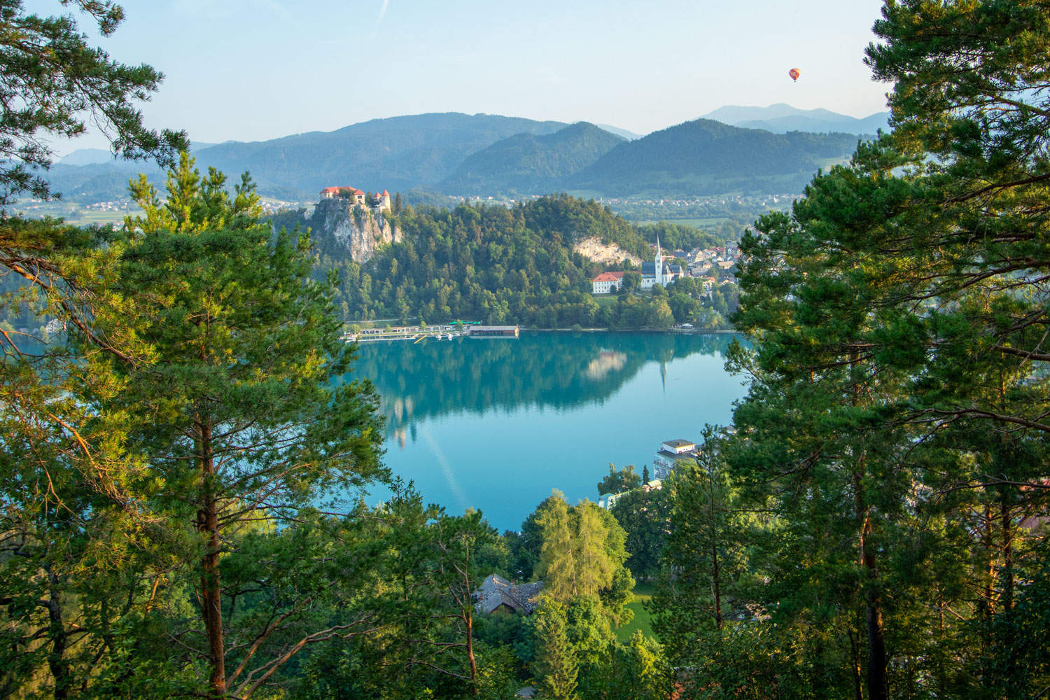 Lower viewpoint on Straža Hill above Lake Bled with the view towards the lake and Bled Castle. 