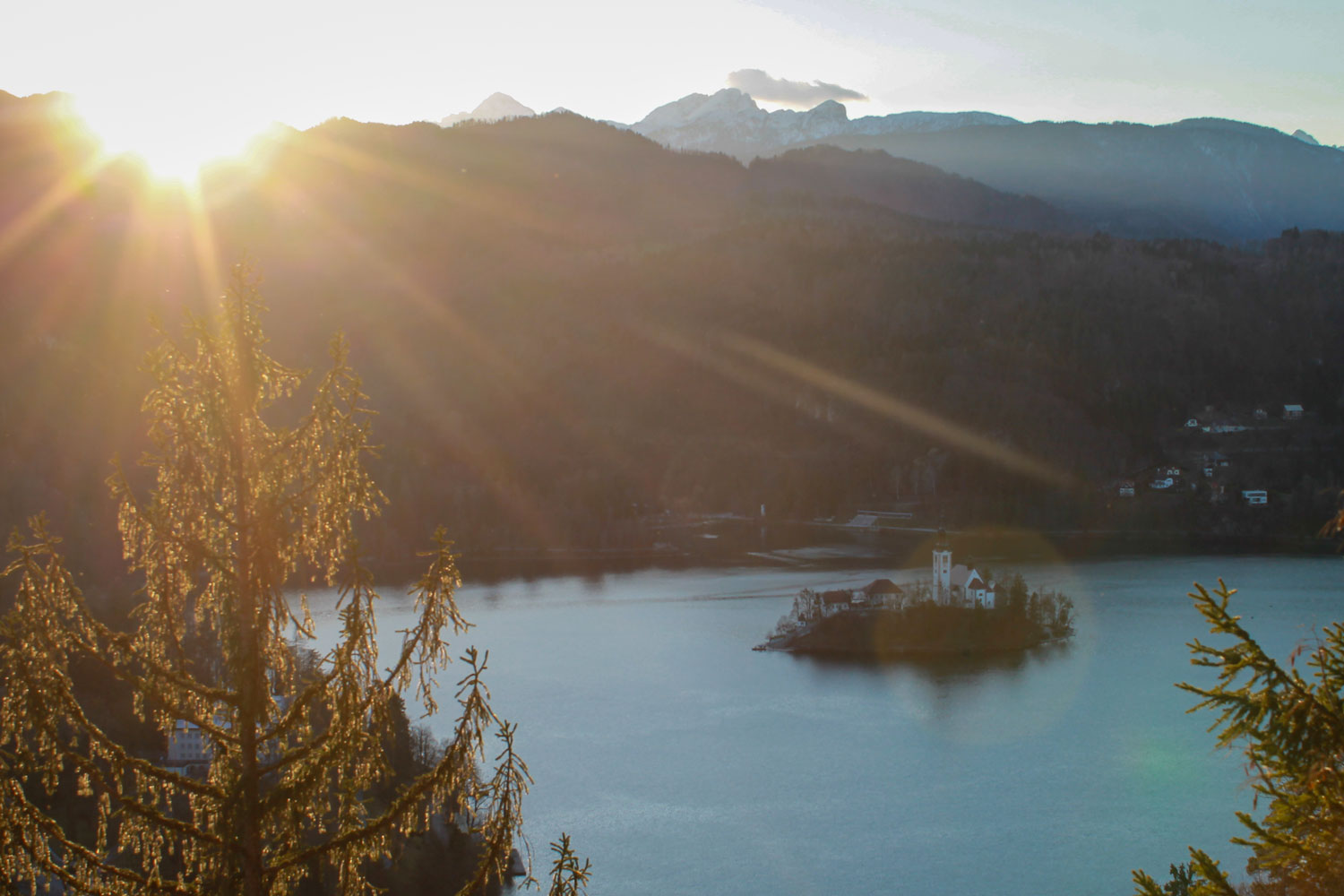 Mlino viewpoint at Straža Hill above Lake Bled looking towards Bled Island. 